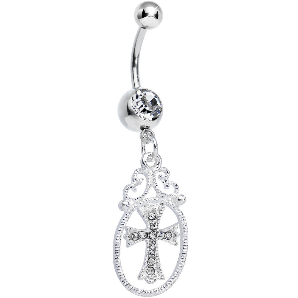 Crystalline Gem Oval Framed Elegant Cross Dangle Belly Ring