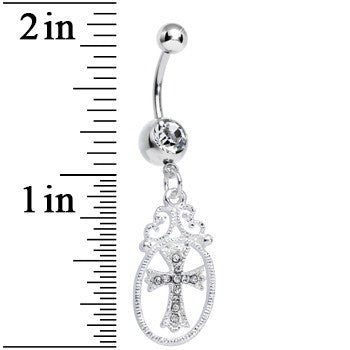 Crystalline Gem Oval Framed Elegant Cross Dangle Belly Ring