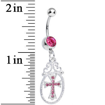 Pink Gem Oval Framed Elegant Cross Dangle Belly Ring
