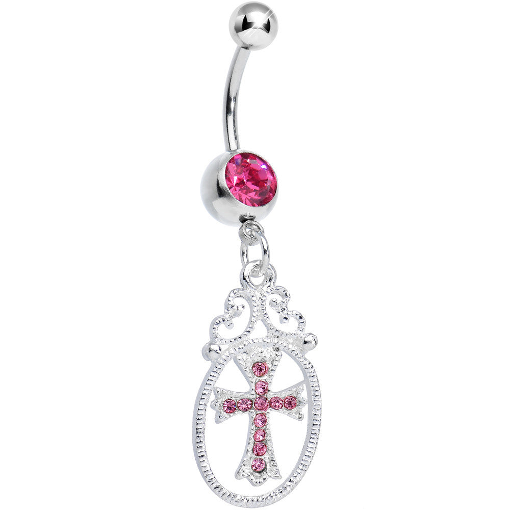 Pink Gem Oval Framed Elegant Cross Dangle Belly Ring