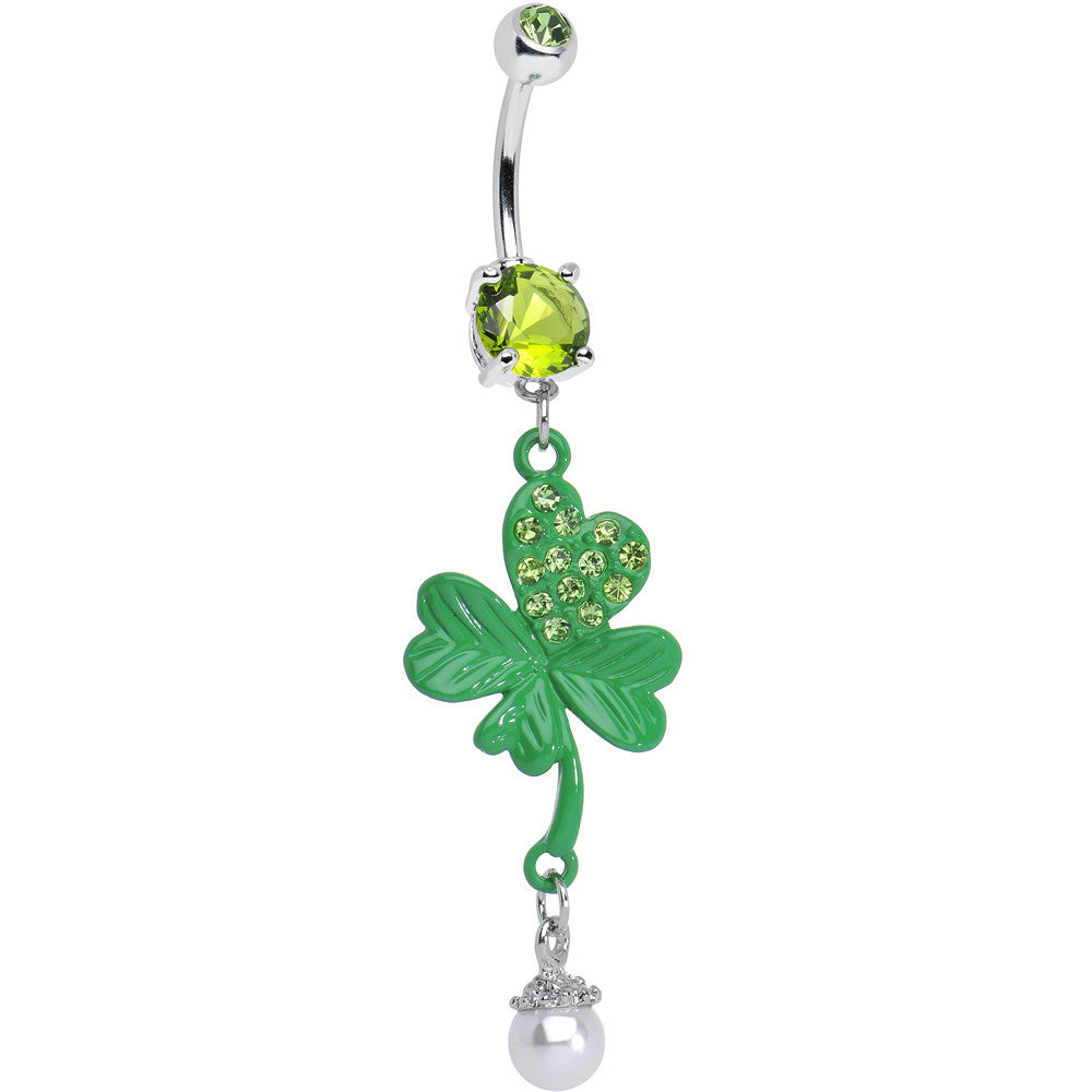Green Gem Faux Pearl Sparkling Four Leaf Clover Dangle Belly Ring