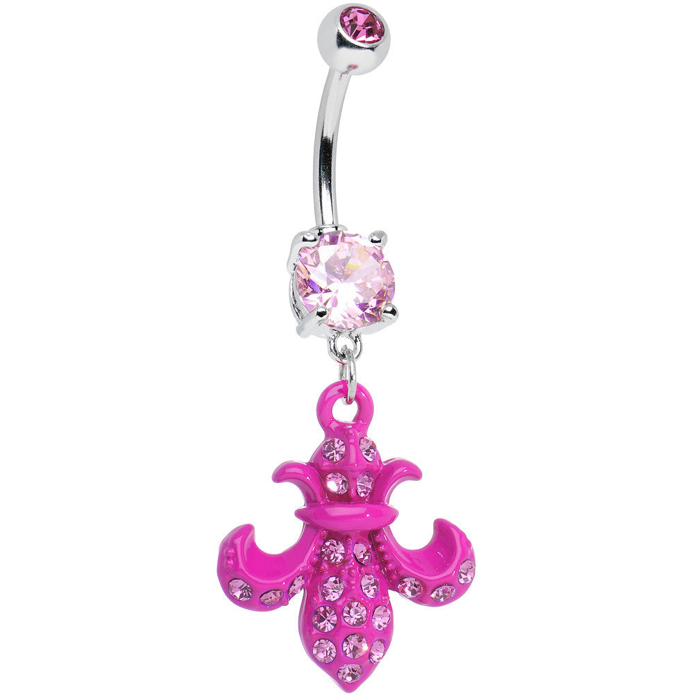 Pink Gem Hot Pink Flipped Fleur de Lis Dangle Belly Ring