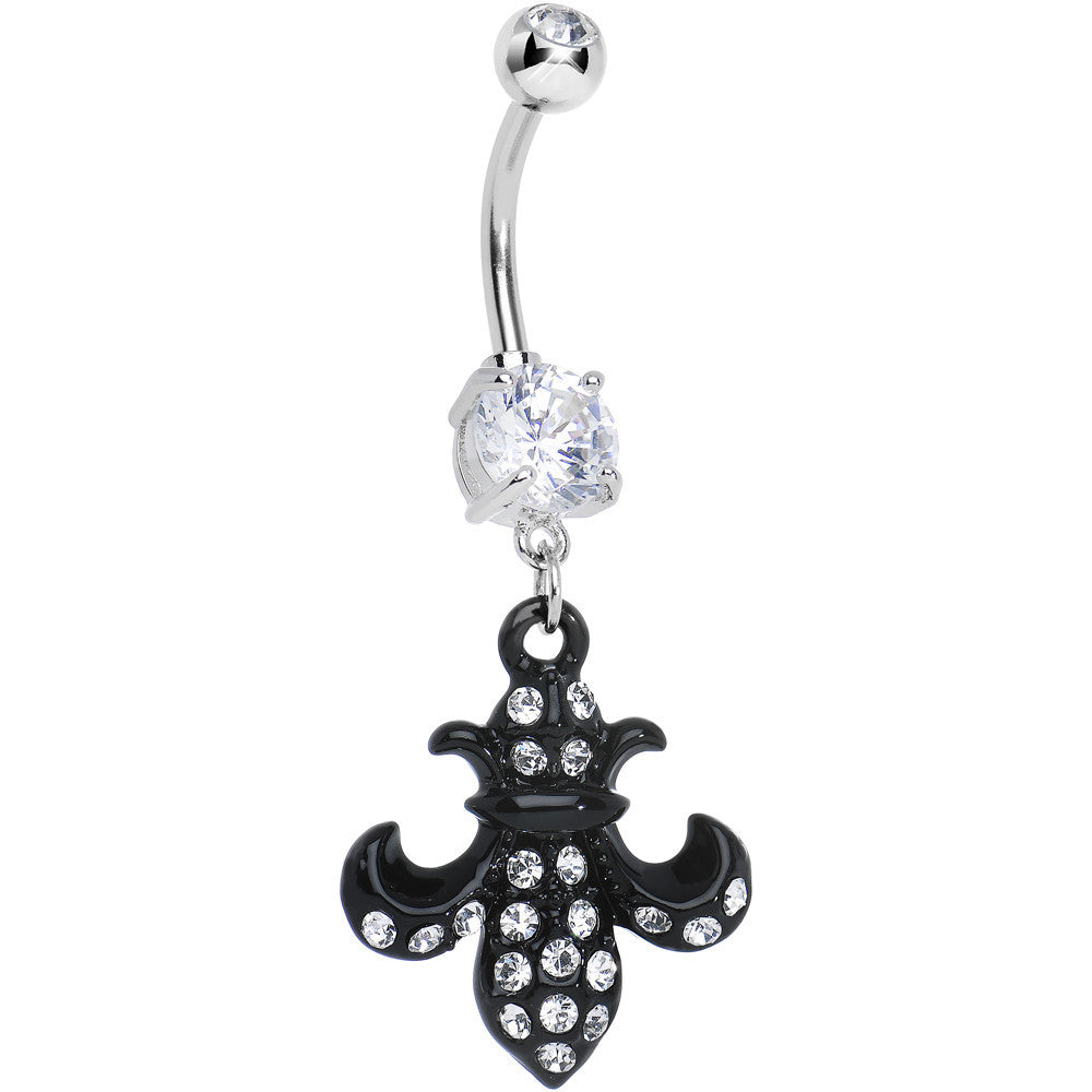 Crystalline Gem Jet Black Flipped Fleur de Lis Dangle Belly Ring