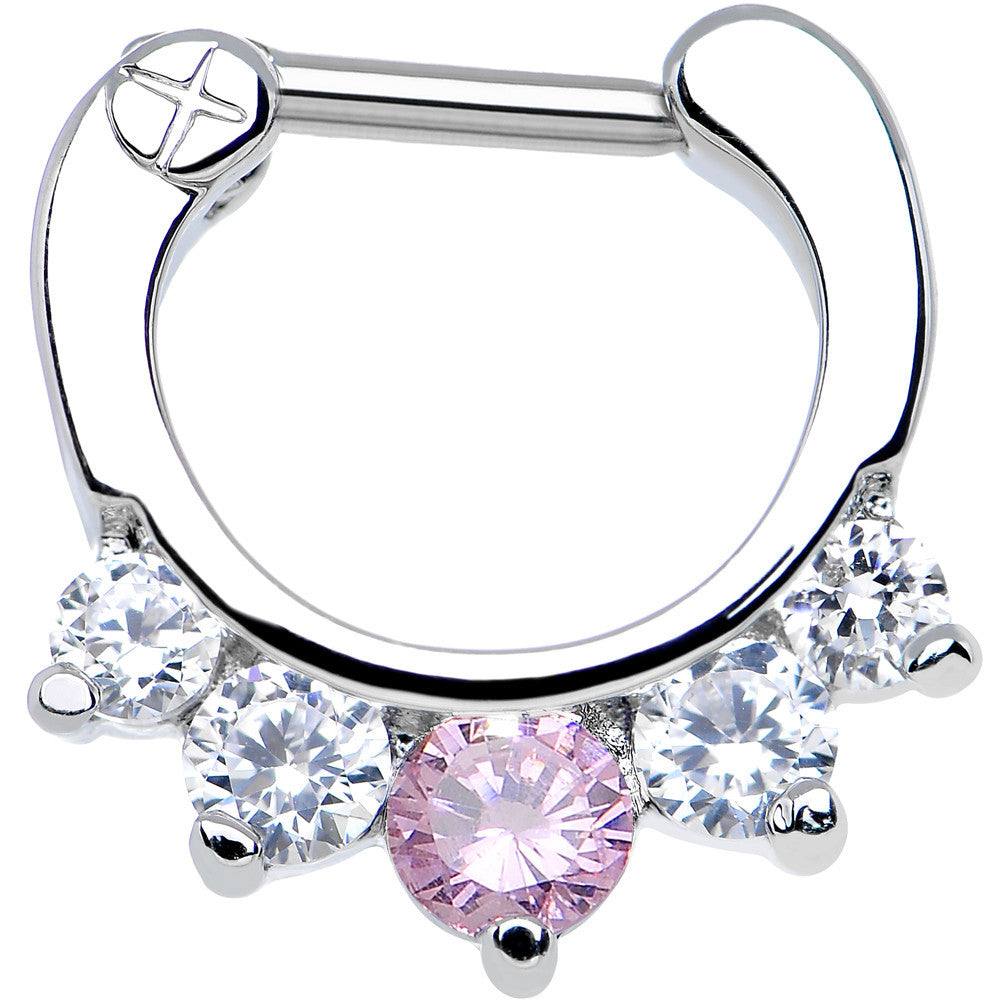 16G 1/4 Five Clear and Pink Cubic Zirconia Septum Clicker