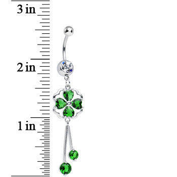 Clear CZ Green Four Heart Clover Dangle Belly Ring