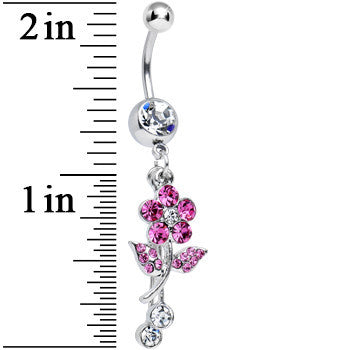 Clear Gem Precious Pink Flower Dangle Belly Ring