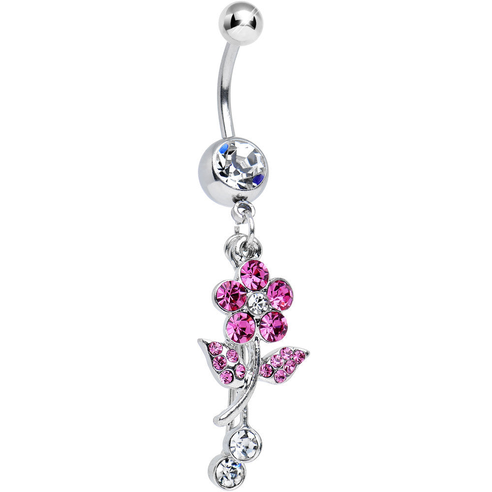 Clear Gem Precious Pink Flower Dangle Belly Ring