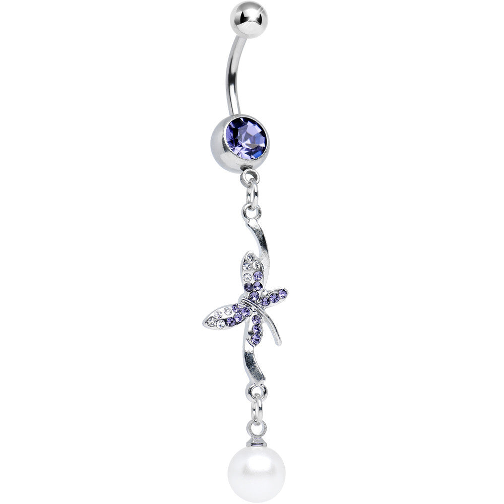 Purple Gem Frosty Pearl and Butterfly Dangle Belly Ring