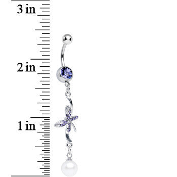 Purple Gem Frosty Pearl and Butterfly Dangle Belly Ring
