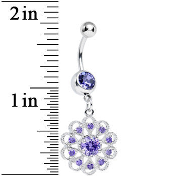 Purple CZ Round Crystal Flower Dangle Belly Ring