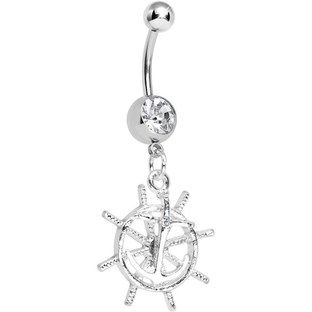 Crystalline Gem Captain Take the Wheel and Anchor Dangle Belly Ring