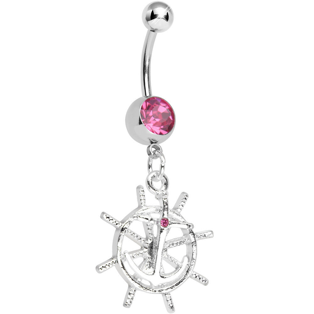 Pink Gem Captain Take the Wheel and Anchor Dangle Belly Ring