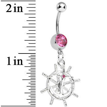 Pink Gem Captain Take the Wheel and Anchor Dangle Belly Ring