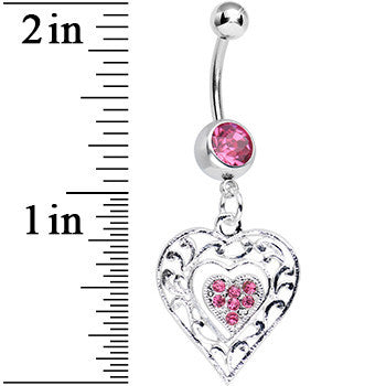 Pink Gem Layered Love Dual Heart Dangle Belly Ring