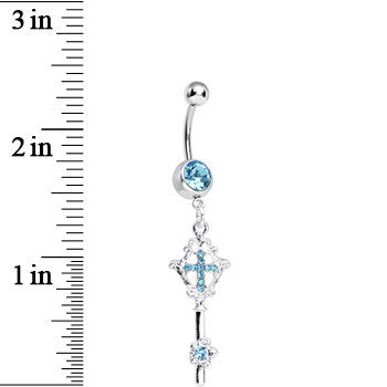 Aqua Gem Key to Faith Cross Dangle Belly Ring