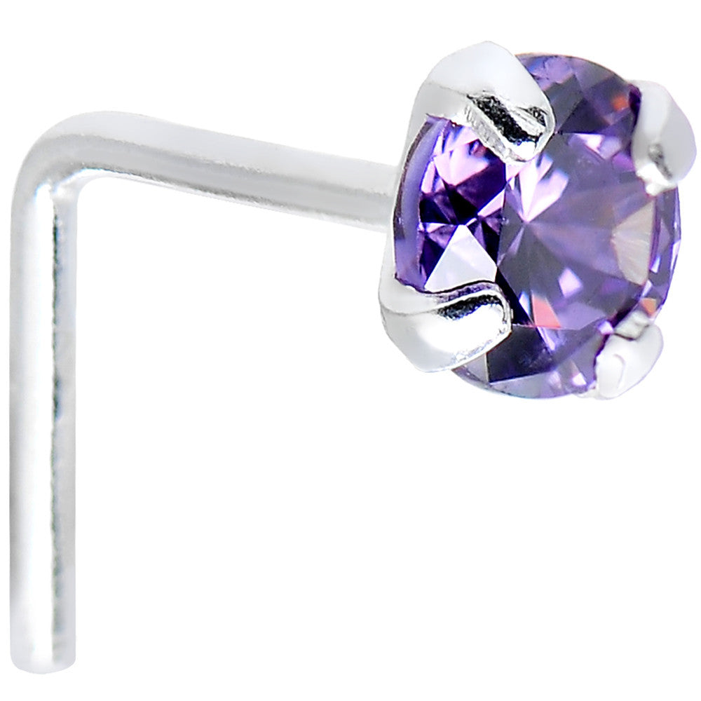 925 Sterling Silver 3mm Round Purple CZ L-Shape Nose Ring