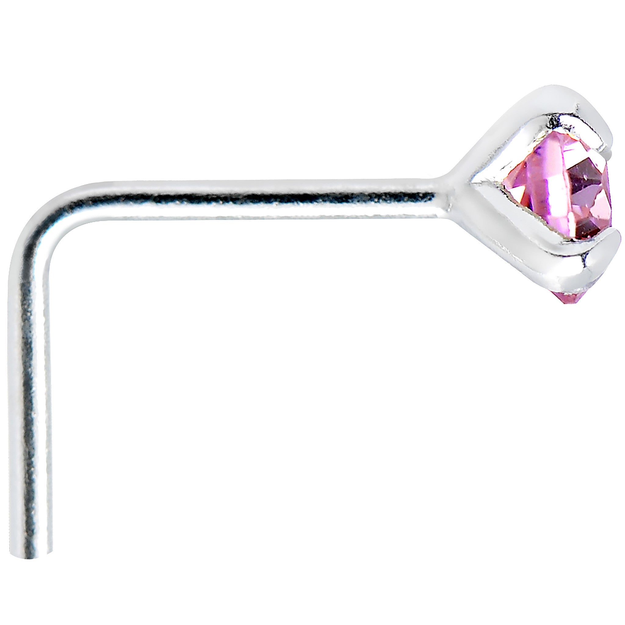 925 Sterling Silver 3mm Round Pink CZ L-Shape Nose Ring