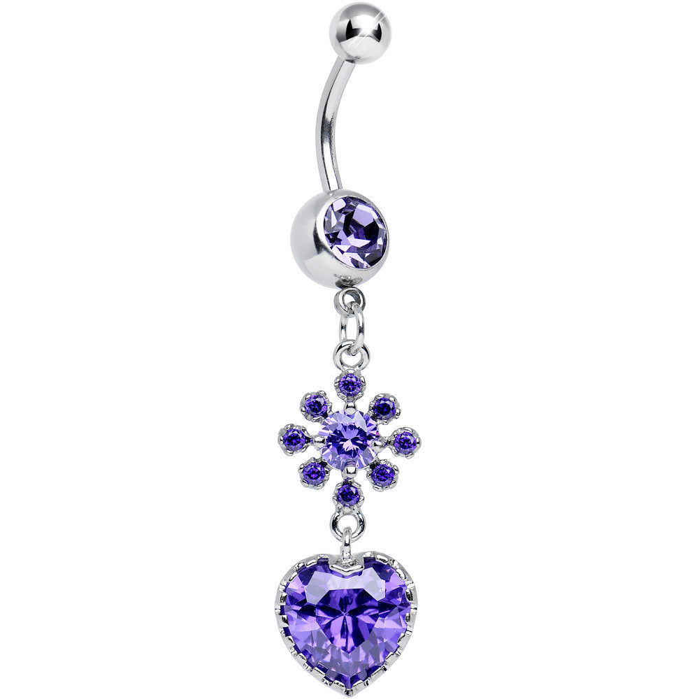 Purple CZ Flower Bomb and Heart Dangle Belly Ring