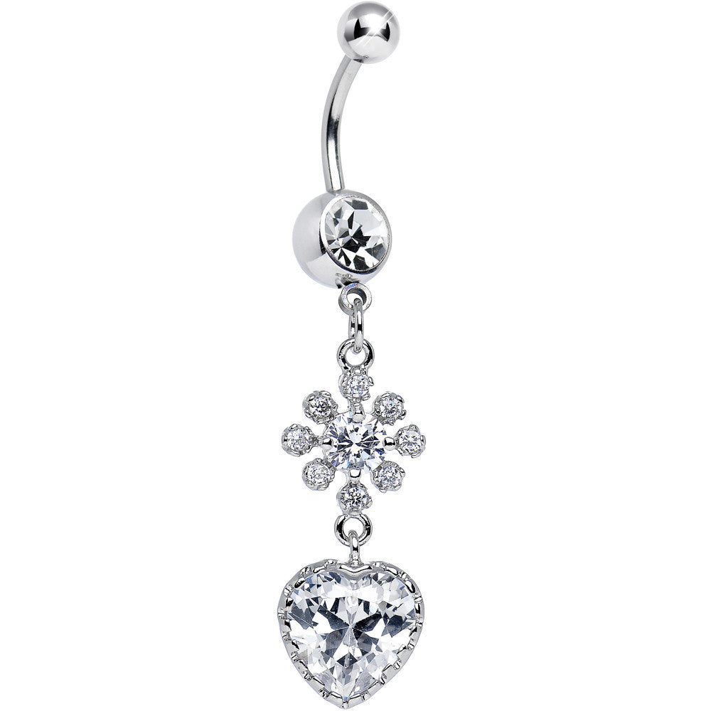 Clear CZ Flower Bomb and Heart Dangle Belly Ring