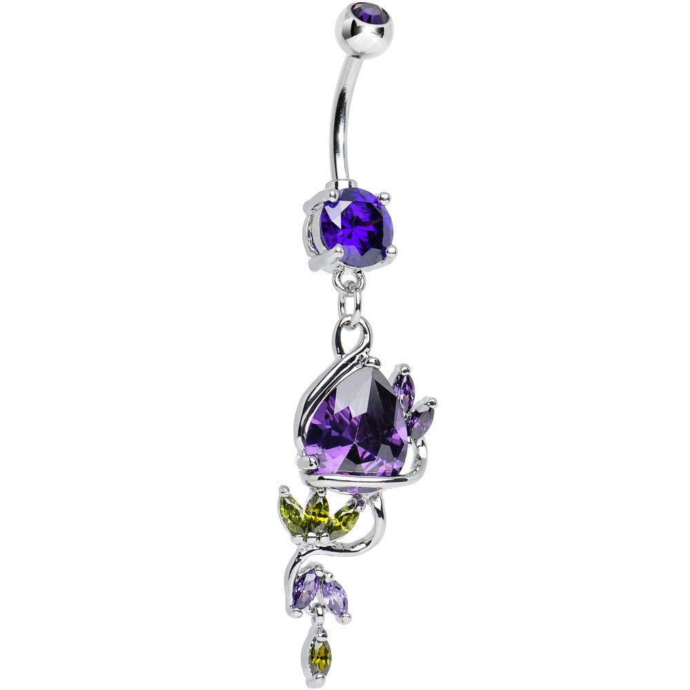 Purple CZ Budding Tulip Flower Dangle Belly Ring