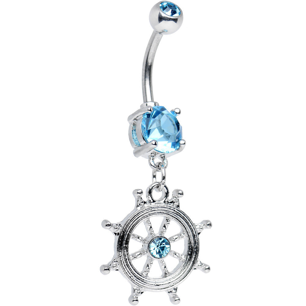 Aqua CZ Shimmering Sailor Captain Wheel Dangle Belly Ring