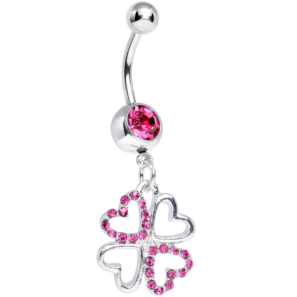 Pink Gem Lucky in Love Clover Dangle Belly Ring