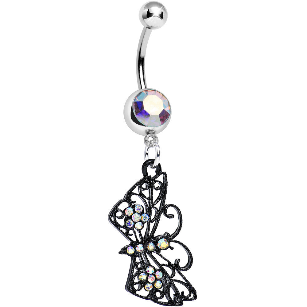 Aurora Gem Floral Wings Black Butterfly Dangle Belly Ring