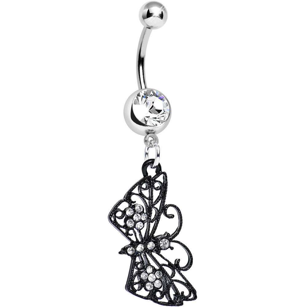 Clear Gem Floral Wings Black Butterfly Dangle Belly Ring
