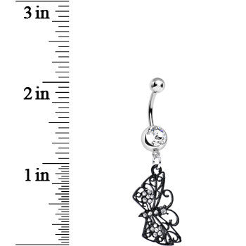 Clear Gem Floral Wings Black Butterfly Dangle Belly Ring