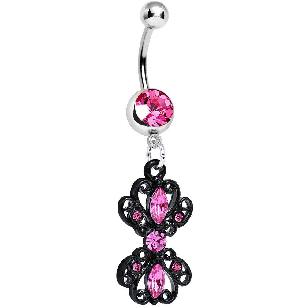 Pink Gem Black Frilly London Lace Dangle Belly Ring