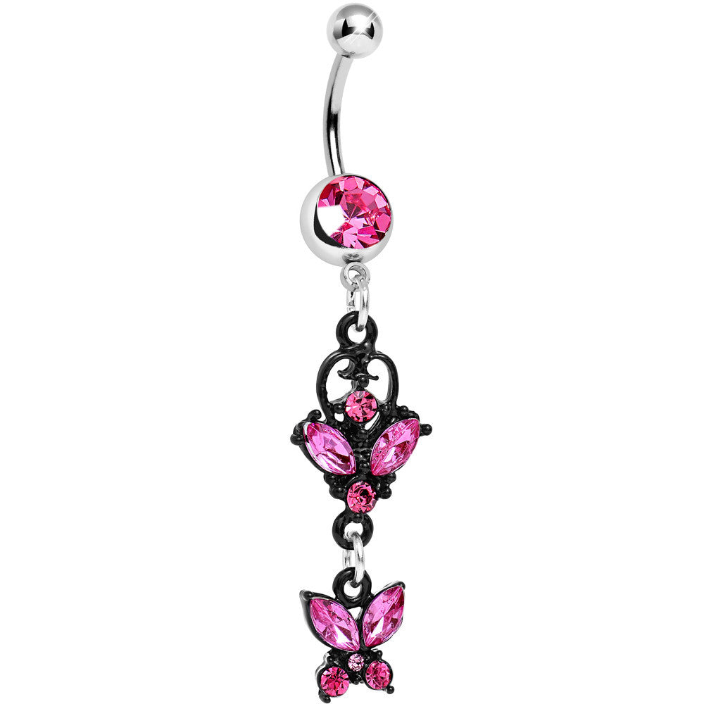 Pink Gem Bejeweled Black Butterfly Dangle Belly Ring