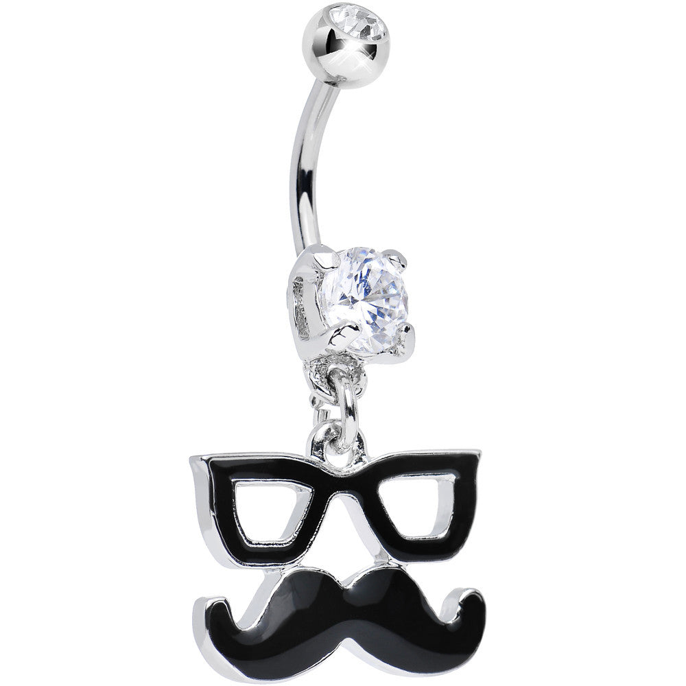 Clear Gem Hipster Glasses and Mustache Dangle Belly Ring