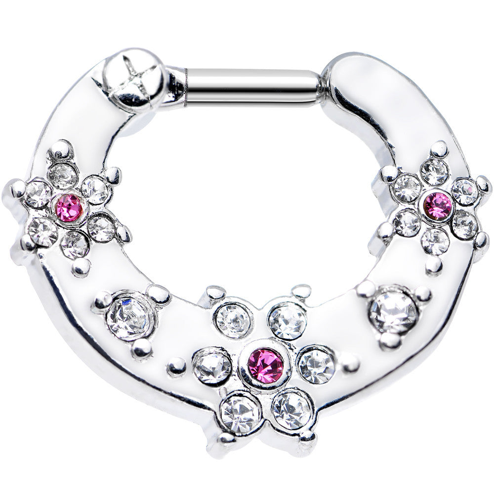 14G Clear and Pink Gem Flowers Septum Clicker