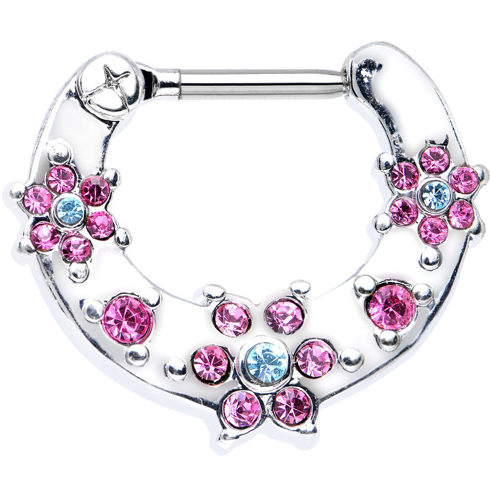 16G 5/16 Pink Aqua Gem Flowers Septum Clicker