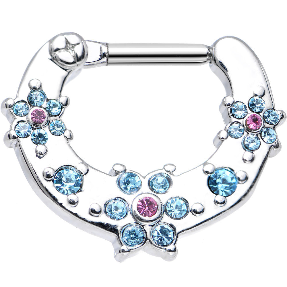 14G 5/16 Aqua and Pink Gem Flowers Septum Clicker
