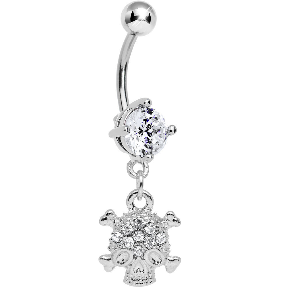 Clear Gem Crystal Pirate Skull and Crossbones Dangle Belly Ring