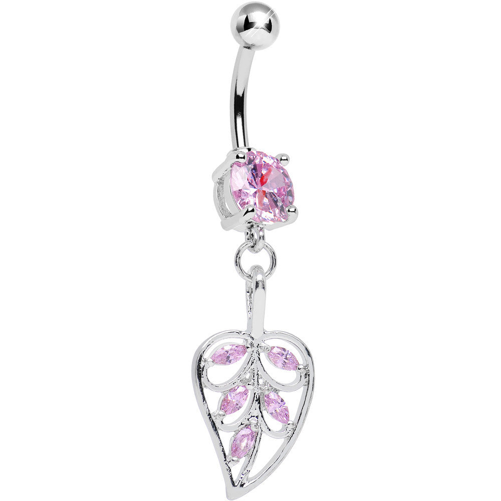 Pink Cubic Zirconia Scroll Pattern Rainforest Leaf Dangle Belly Ring