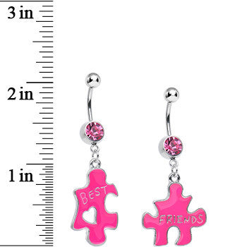 Pink Crystal Double Puzzle Piece Best Friends Dangle Belly Ring Set