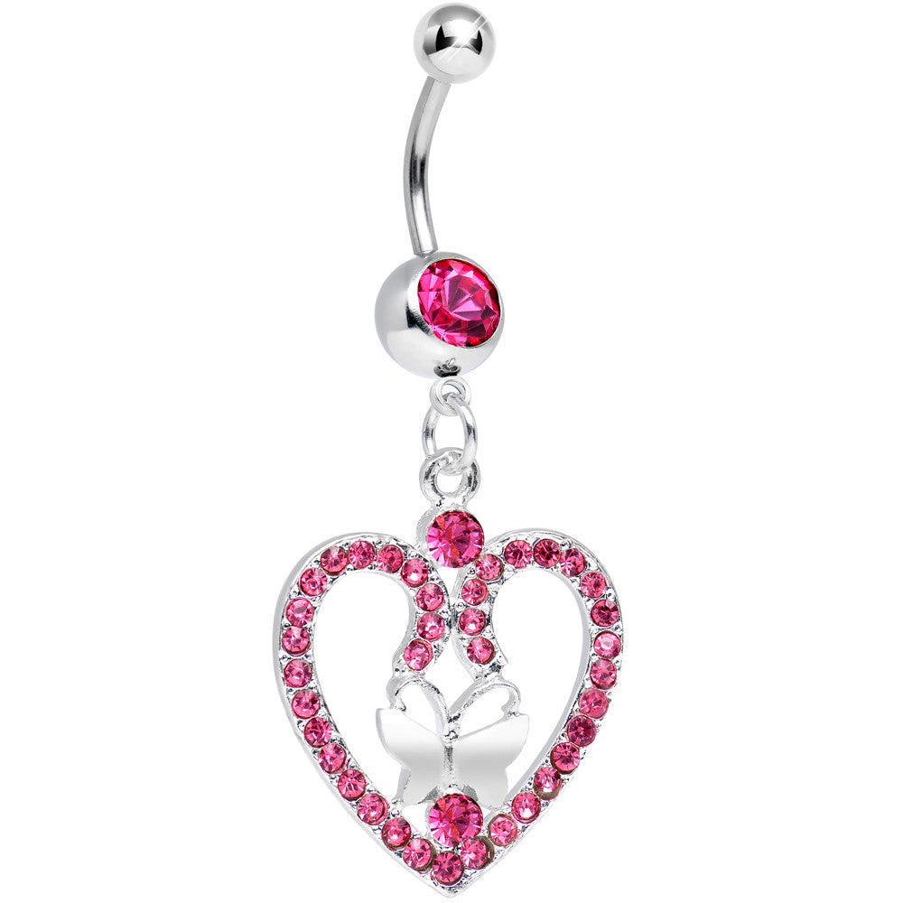 Pink Gem Heart Wreathed Butterfly Dangle Belly Ring