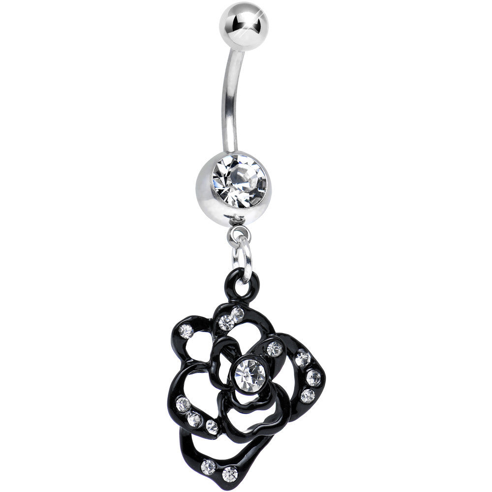 Clear Gem Dark and Heavenly Hollow Rose Flower Dangle Belly Ring