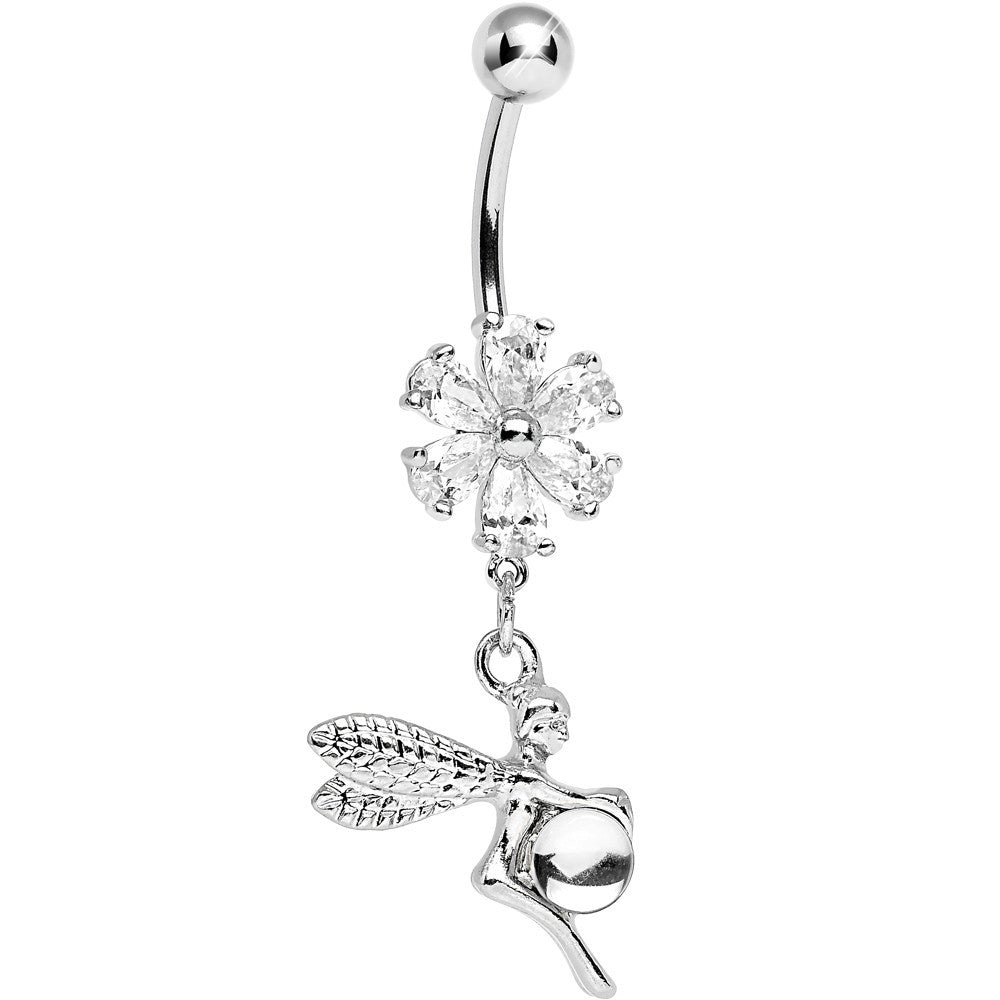 Clear CZ Flower Topped Orb and Fairy Dangle Belly Ring