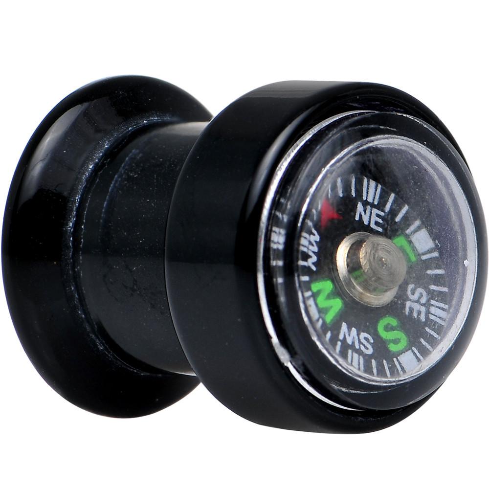 Acrylic Black Find Your Direction Compass Screw Fit Plug 0G to 1"