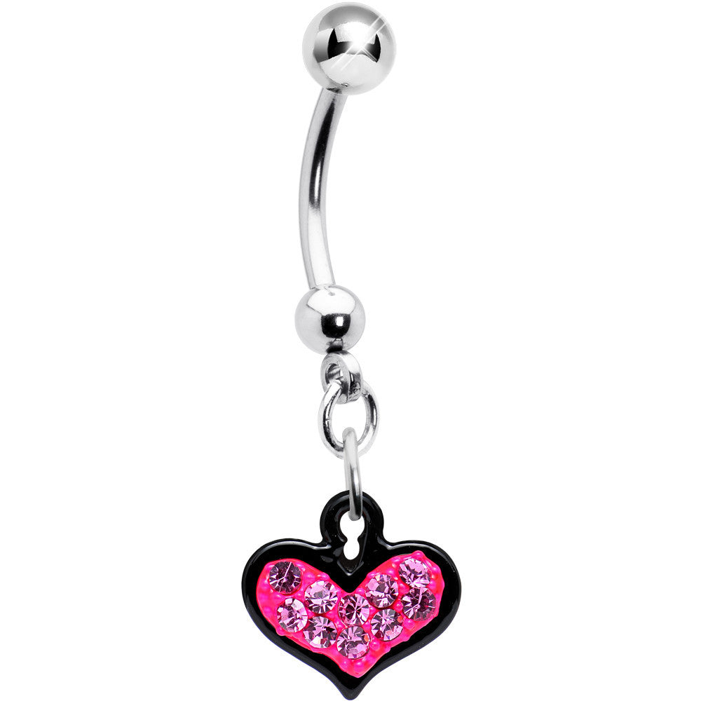 Pink Gem Black Framed Keyhole Heart Dangle Belly Ring