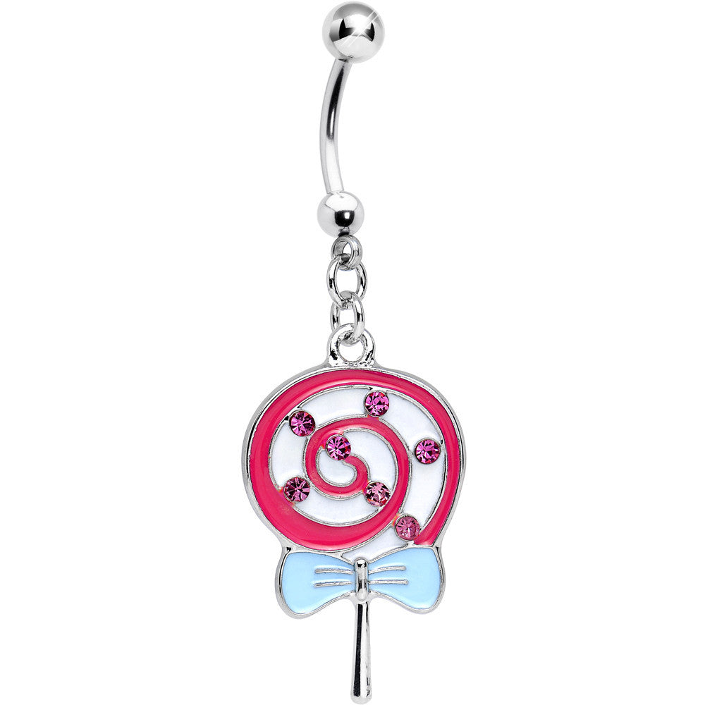 Pink Gem and Pink Swirled Bow Wrapped Lollipop Dangle Belly Ring