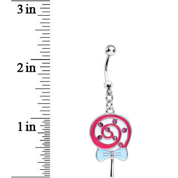 Pink Gem and Pink Swirled Bow Wrapped Lollipop Dangle Belly Ring
