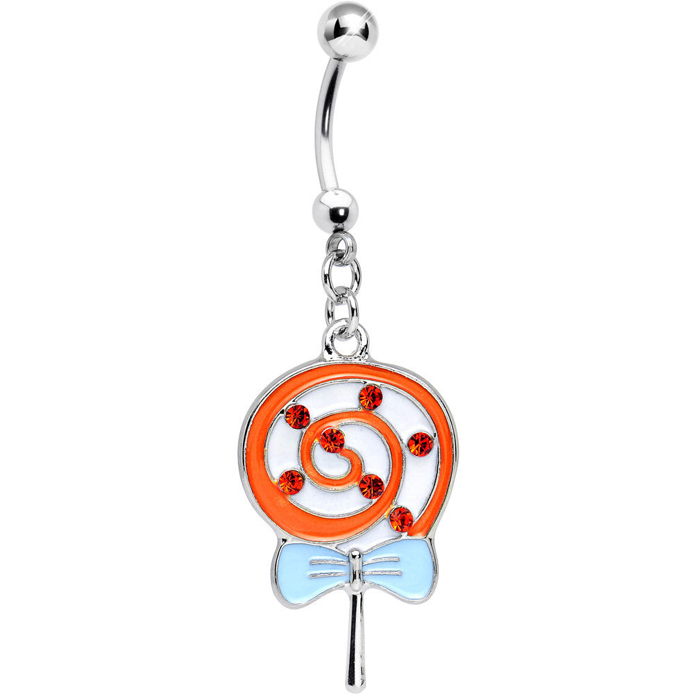 Orange Gem and Orange Swirled Bow Wrapped Lollipop Dangle Belly Ring