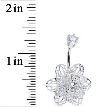 925 Sterling Silver Clear CZ 3D Bursting Flower Belly Ring