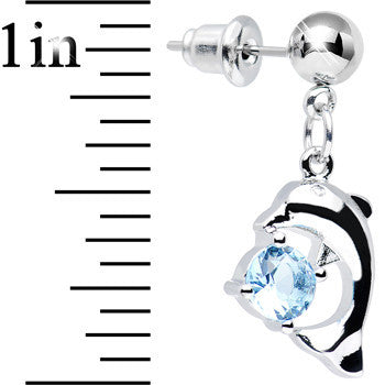 Aqua Cubic Zirconia Curious Curled Dolphin Dangle Post Earrings