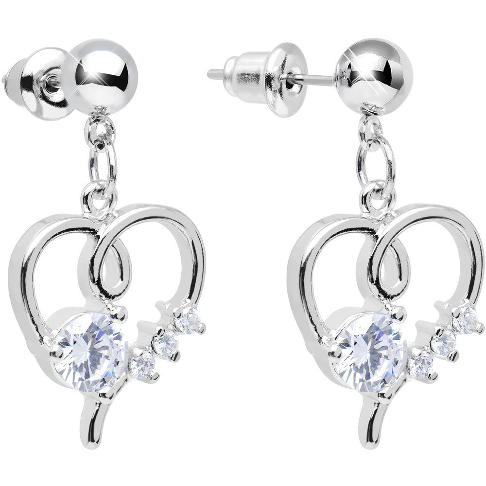 Clear Cubic Zirconia Feel the Love Heart Dangle Post Earrings