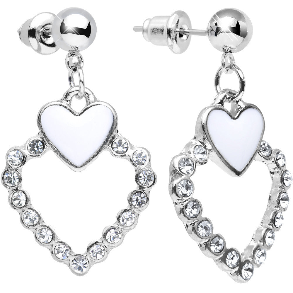 Clear Gem Bright Brim Hollow Heart Dangle Post Earrings